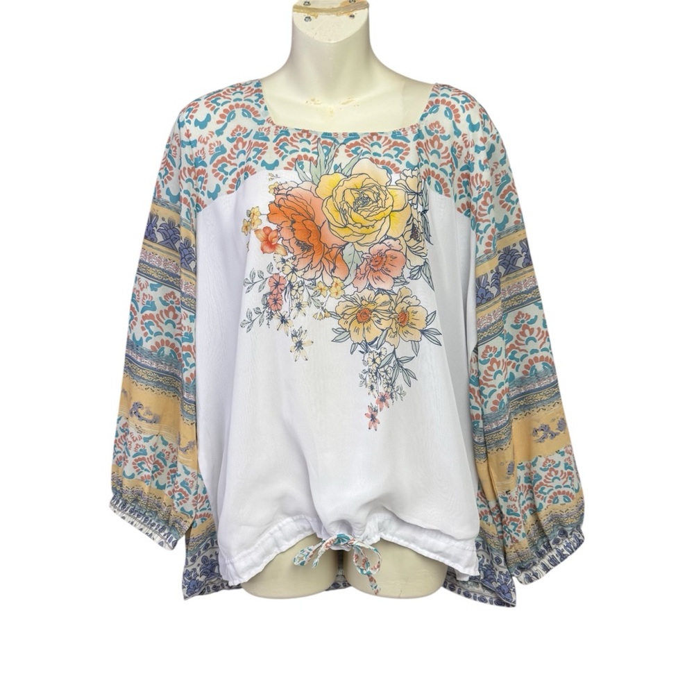 FDJ size 16 Bohemian Floral Women's Blouse semi sheer tie waist